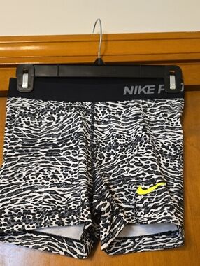 Nike Black and White Animal Print Performance Shorts with Neon Yellow Swoosh